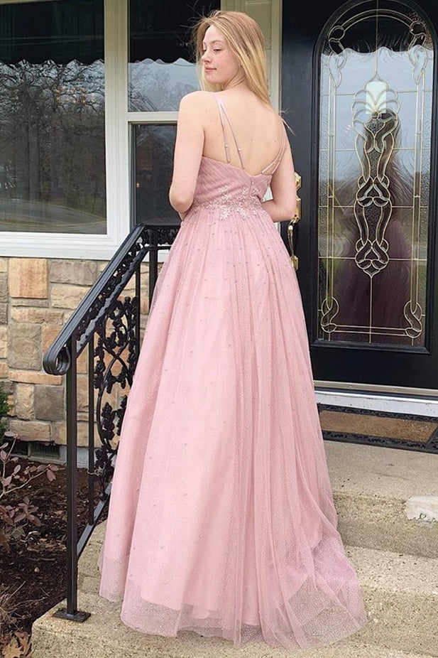 Straps A-line Blush Pink Long Prom Dress cg12797