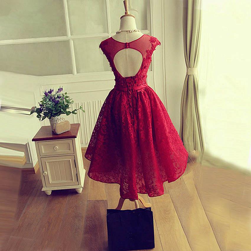 Fashionable Wine Red Lace High Low Party Dress, Lace Homecoming Dress cg12803