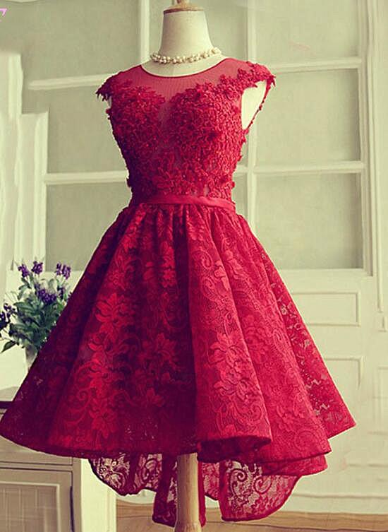 Fashionable Wine Red Lace High Low Party Dress, Lace Homecoming Dress cg12803