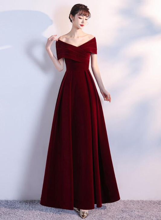 Elegantes weinrotes langes schulterfreies Samt-Partykleid, langes A-Linien-Ballkleid cg12805