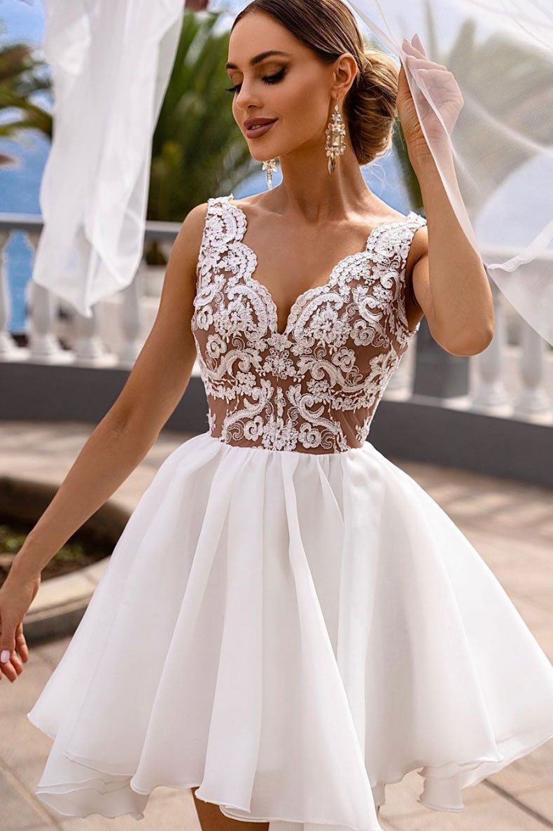 White v neck lace tulle short dress white lace cocktail dress homecoming dress cg12808