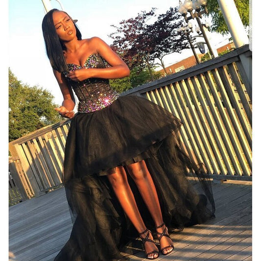 Schwarzes Ballkleid aus Tüll mit Herzausschnitt, Hi Lo und Kristallen, cg12824