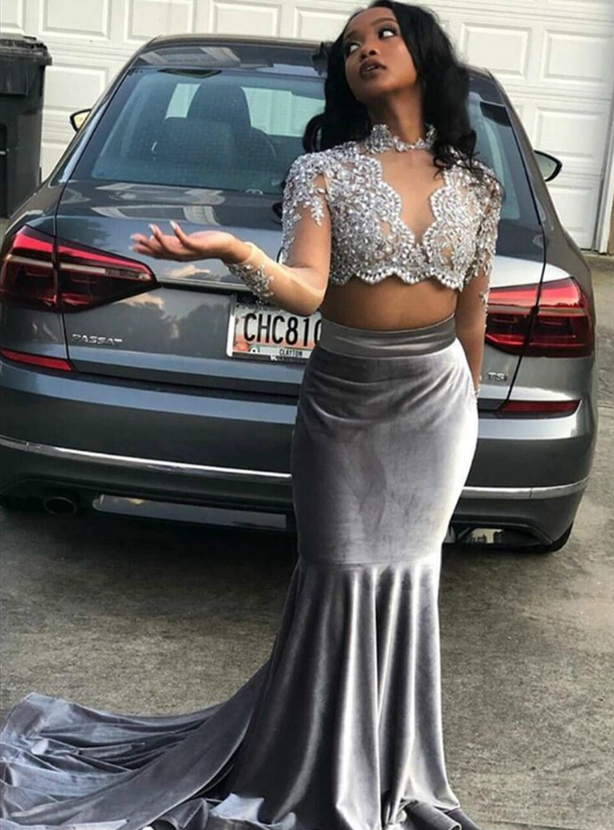 Silver Gray Mermaid Velvet Long Sleeve Two Piece Appliques Beading Prom Dress cg12825