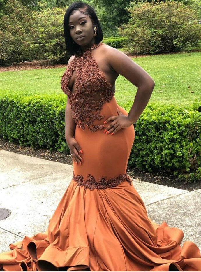 Orange Mermaid Satin Halter Cut Out Beading Prom Dress cg12826