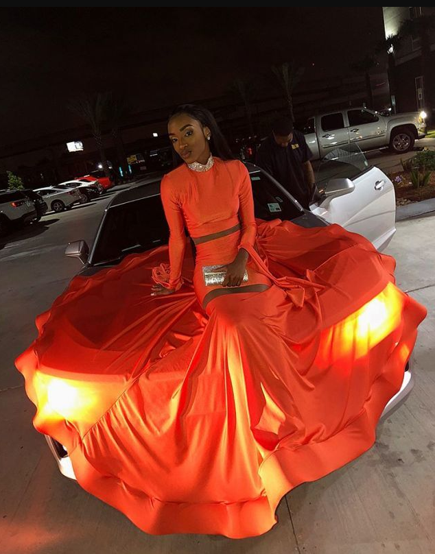 Orange Mermaid High Neck Long Sleeve Beading Prom Dress cg12828
