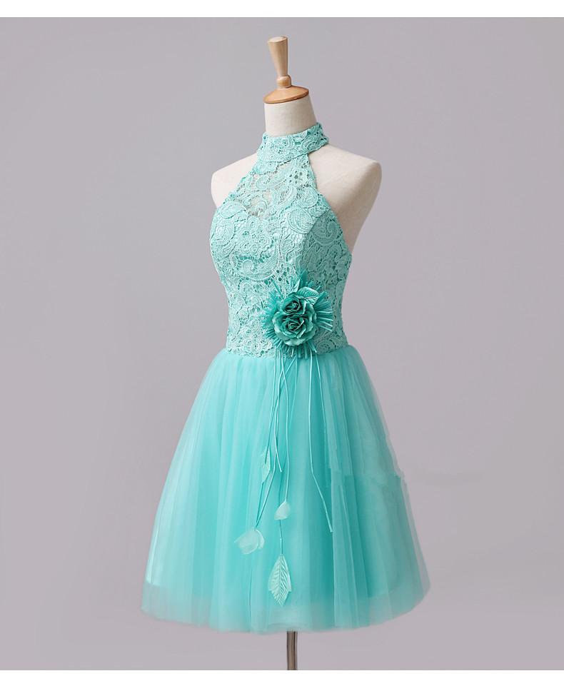 Cute Mint Halter Lace Flowers Homecoming Dresses cg12833