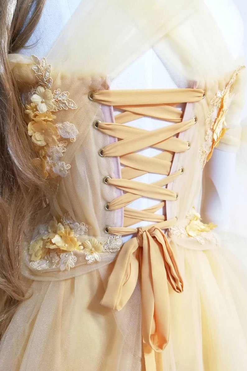 Yellow sweetheart tulle lace long prom dress yellow formal dress cg12837