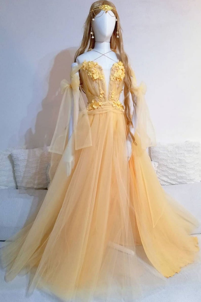 Yellow sweetheart tulle lace long prom dress yellow formal dress cg12837