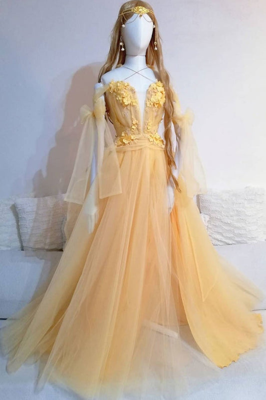 Gelbes langes Ballkleid aus Tüllspitze mit herzförmigem Ausschnitt, gelbes Abendkleid, cg12837