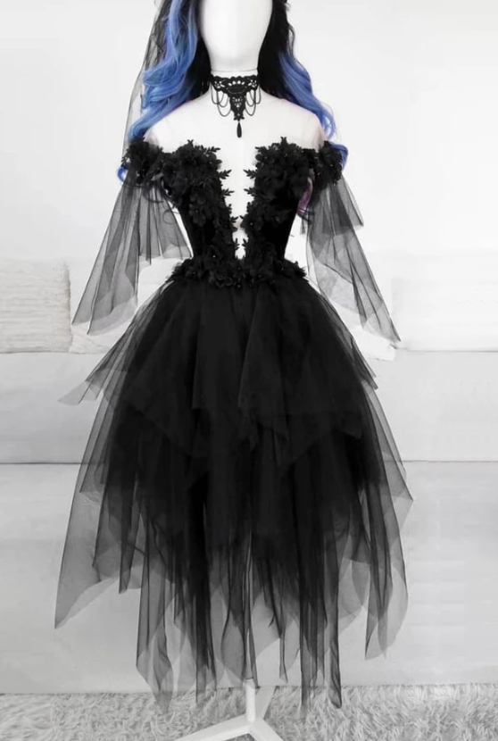 BLACK ROUND NECK TULLE LACE SHORT DRESS BLACK EVENING DRESS Homecoming Dress cg12838