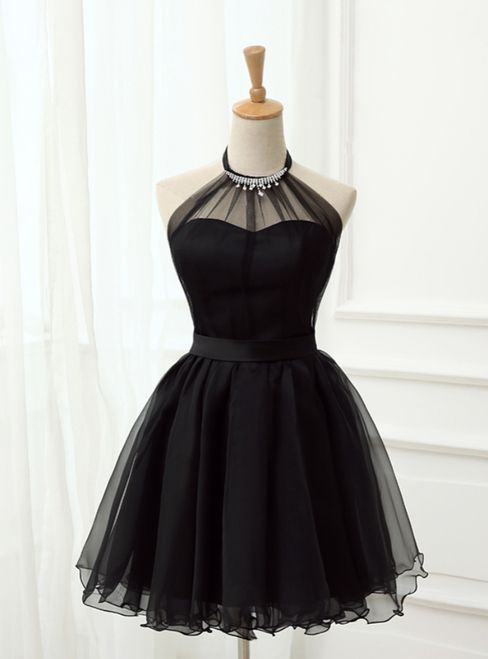 Sexy schwarzes Neckholder-Abendkleid mit langen Ärmeln und kurzem Schnitt cg1284