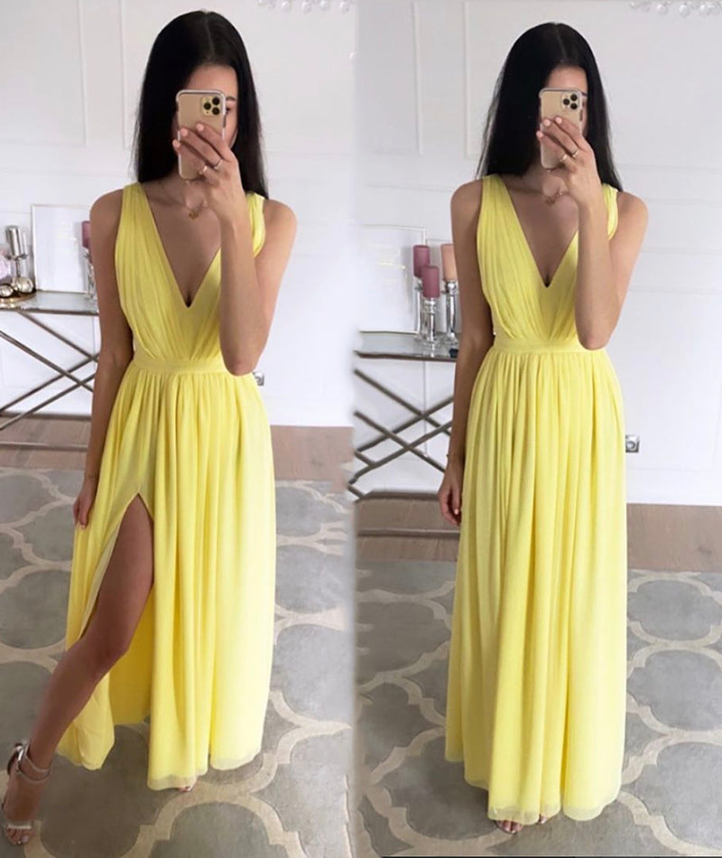 YELLOW CHIFFON LONG PROM DRESS SIMPLE EVENING DRESS cg12840