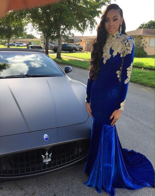 Sexy Günstige Ballkleider Meerjungfrau Blau Hohe Lange Ärmel Applikationen Rückenfrei Samt Formale Abendgesellschaft Kleider cg12842