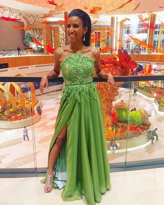 Green lace long prom dress with split cg12845