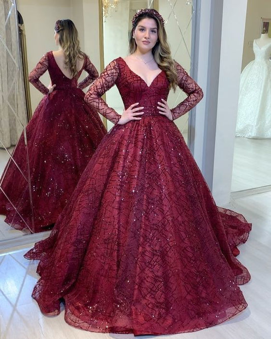 Burgunderrote Ballkleider, funkelndes Ballkleid mit langen Ärmeln, cg12848