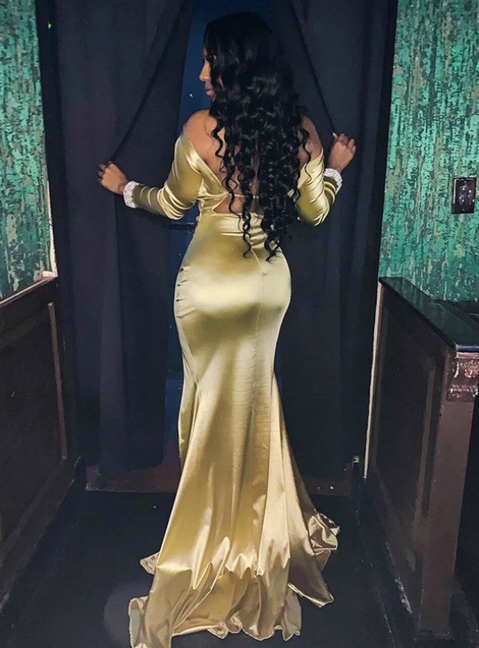Yellow Mermaid Satin See Through V-neck Long Sleeve Backless Prom Dress cg12857