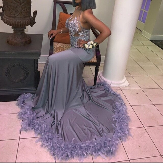 Gray Mermaid Halter Satin Backless Flower Feather Prom Dress cg12858