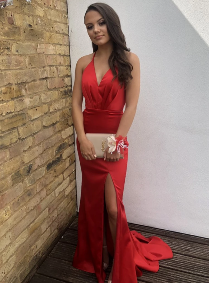 Sexy Red Mermaid Satin V-neck Backless Pleats Prom Dress cg12859