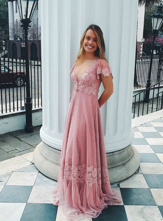 A-Line Pink Tulle V-neck Appliques Short Sleeve Prom Dress cg12861