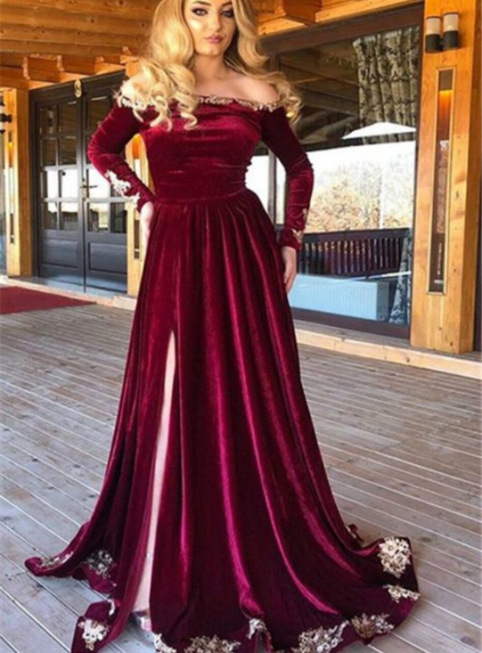 Mermaid Velvet Off the Shoulder Long Sleeve Prom Dress cg12862