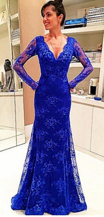 Evening Dress, Royal Blue Evening Dress, Lace Evening Dress, V-Neck Evening Gown Prom Dress cg12867