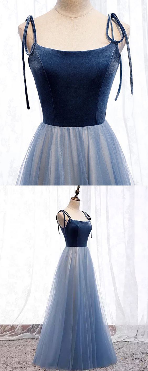 Spaghetti Straps Velvet Bodice Navy Blue Long Formal prom Dress cg12869