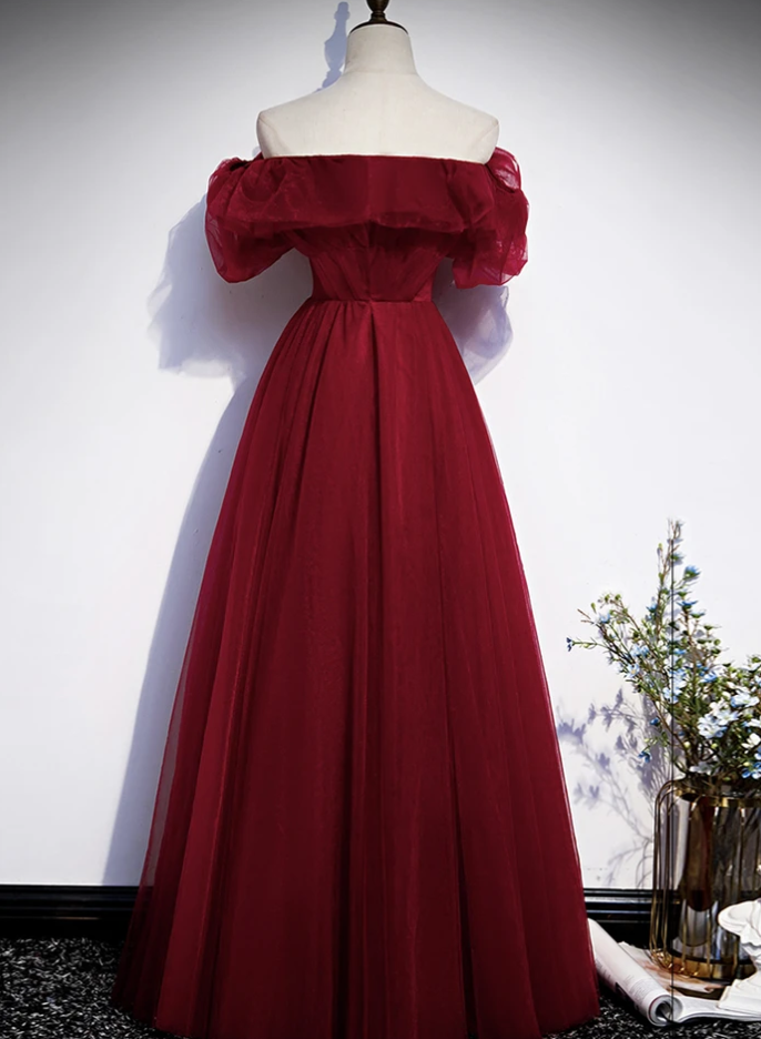 Burgundy tulle long prom dress evening dress cg12871