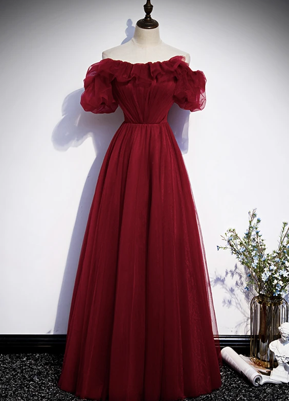 Burgundy tulle long prom dress evening dress cg12871