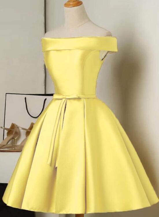 Custom Yellow Satin Off Shoulder Short Party Dress For Letty Homecoming Dress cg12873