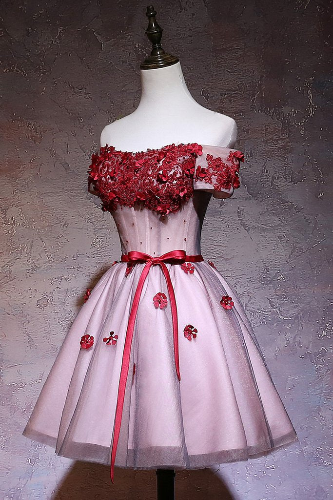 Cute Red Off Shoulder Tulle Lace Applique Homecoming Dress cg12874