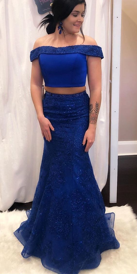 Zweiteiliges königsblaues Meerjungfrau-Ballkleid cg12877