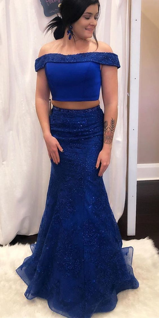 Zweiteiliges königsblaues Meerjungfrau-Ballkleid cg12877