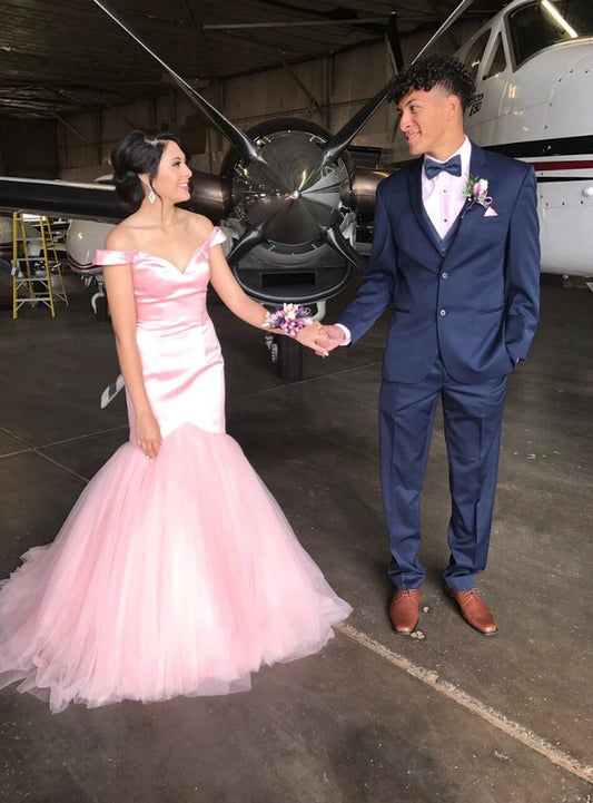 Rosa Meerjungfrau Tüll Satin Off The Shoulder Langes Ballkleid cg12885