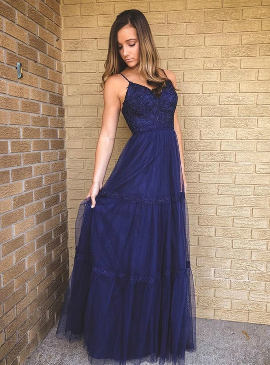 A-Linie Marineblau Tüll Spaghettiträger Applikationen Ballkleid cg12886