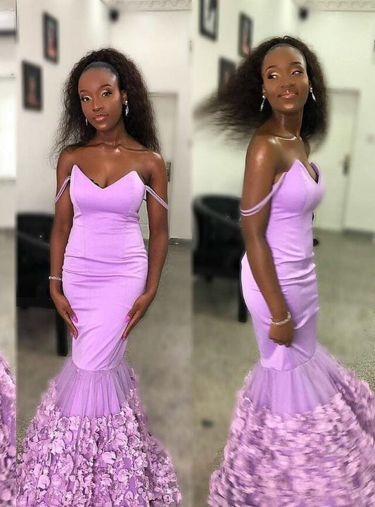 Lila Satin 3D Blumen Meerjungfrau Off the Shoulder Ballkleid cg12889