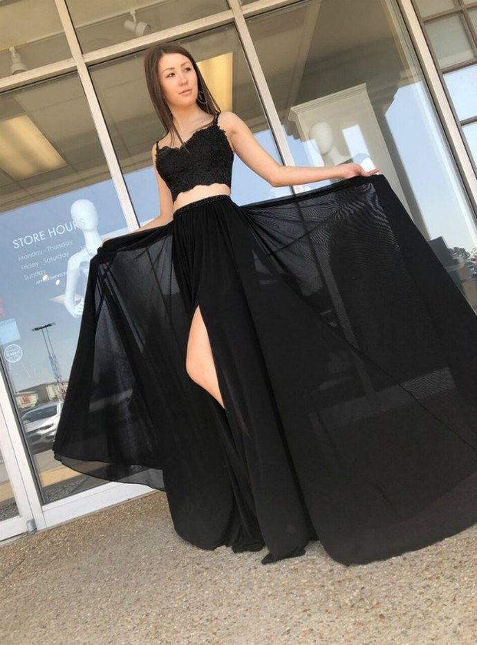 Black Two Piece Chiffon Spaghetti Straps Appliques Prom Dress cg12890