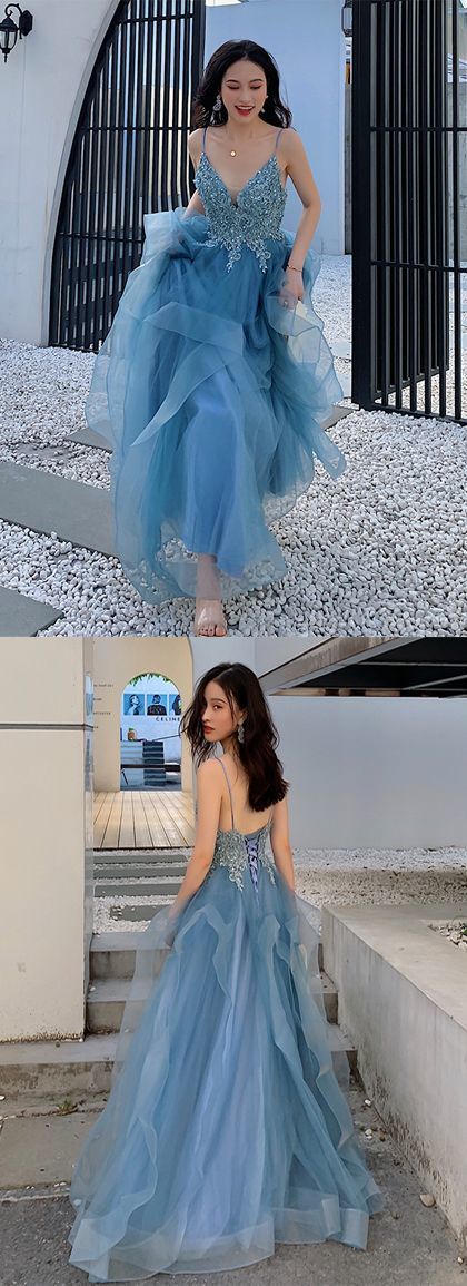 Blaues langes Ball-/Abendkleid mit Applikationen cg12904