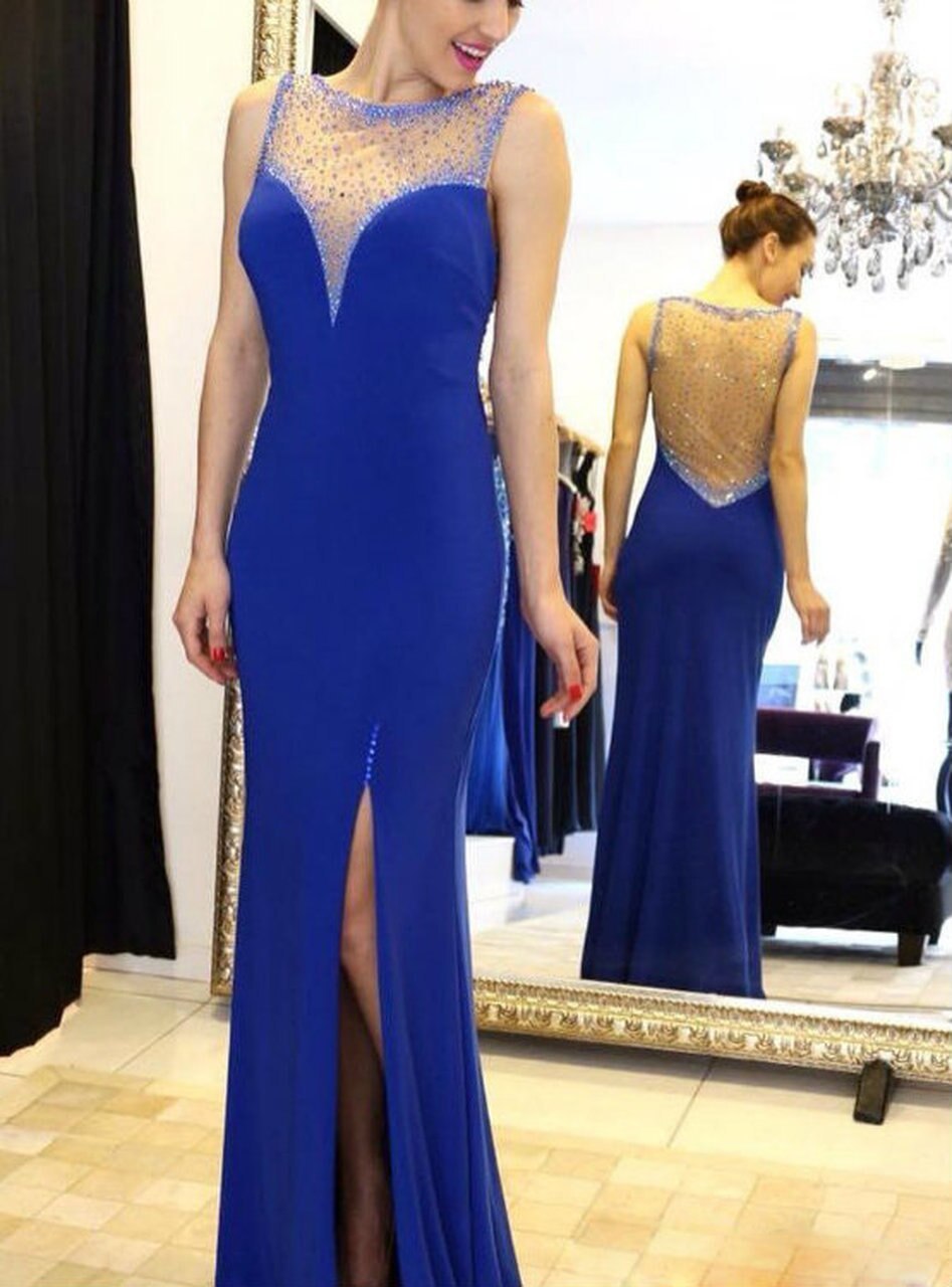 Impressive Sparkly Beaded Sheer Back Royal Blue Mermaid Evening Dresses Prom Dresses cg12914