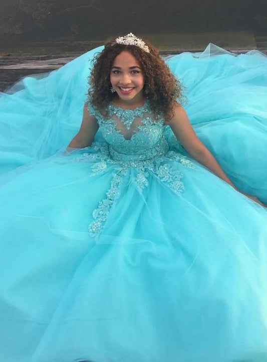 Blaues Ballkleid mit Tüllapplikationen, rückenfrei, Flügelärmeln, Quinceanera-Abschlussballkleid, cg12916