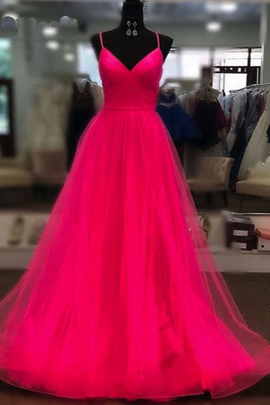 Stilvolles Fuchsia Coral Tüll Ballkleid Sexy Spaghettiträger A-Linie Langes Abendkleid Ballkleid cg12943