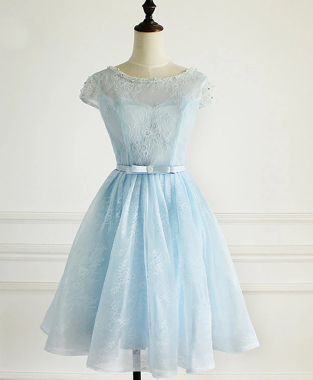 Light Blue Lace Cap Sleeves Cute Short Party Dress, Blue Homecoming Dr classygown Light Blue Lace Cap Sleeves Cute Short Party Dress, Blue Homecoming Dr classygown