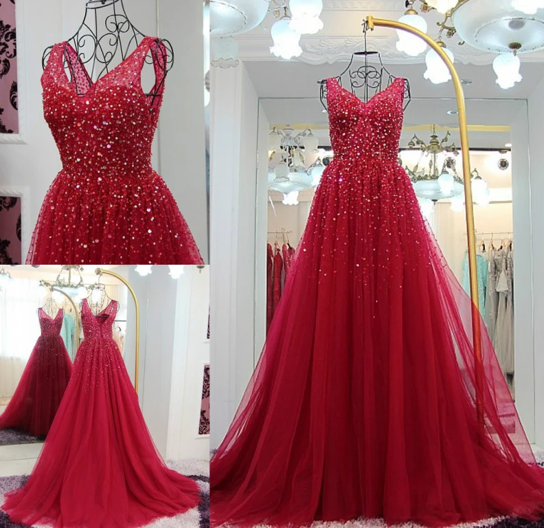 Fasionable Sparkle Tulle V-Neckline Long Wine Red Evening Gown, Long Prom Dress cg12964