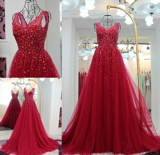 Modisches, funkelndes, langes, weinrotes Abendkleid mit V-Ausschnitt aus Tüll, langes Ballkleid cg12964