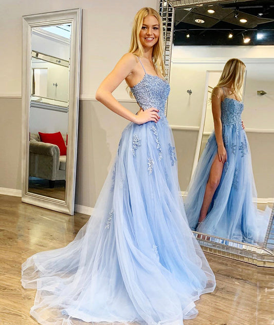 Blaue Spaghettiträger, lange Tüllapplikationen, Ballkleid, cg12967