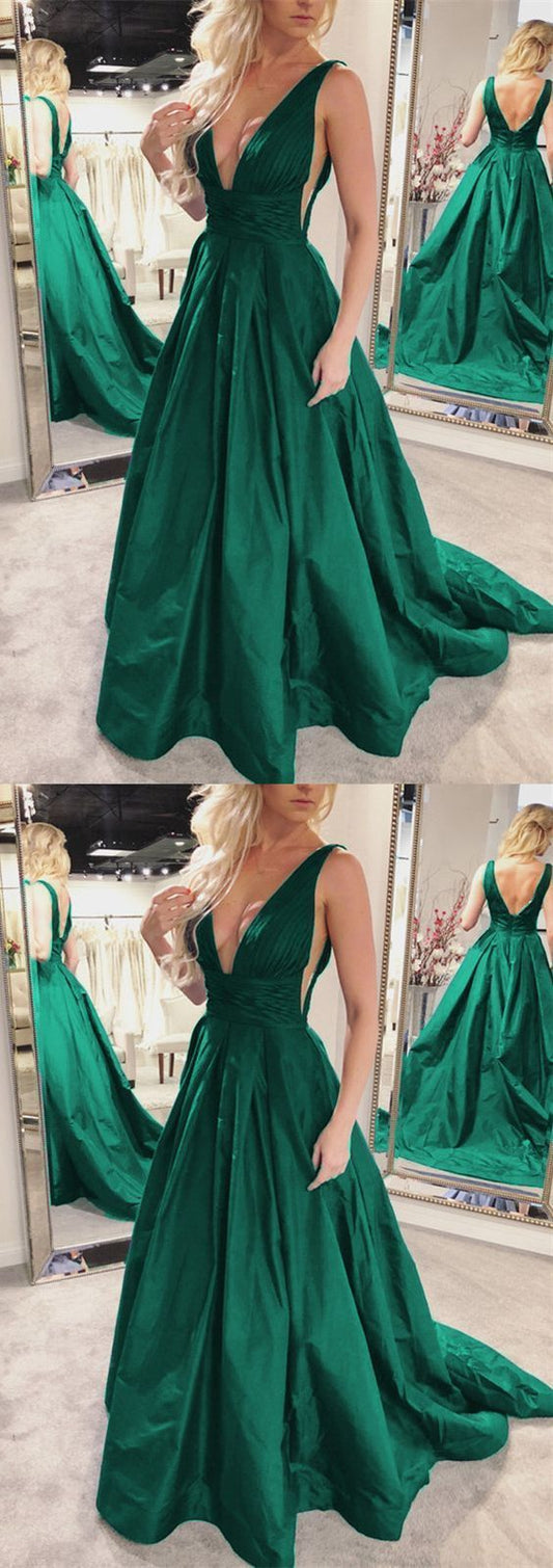 Sexy tiefem V-Ausschnitt, langes Taft-Ballkleid in Grün, cg12971