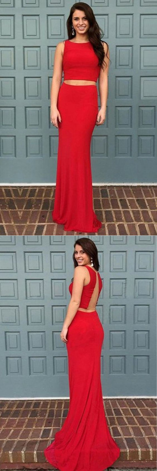 Rot Stretch Satin Ärmellos Sweep Schleppe Zwei Stücke Abendkleid Ballkleider cg12972