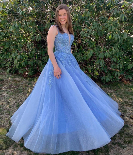 Elegantes langes Ballkleid mit blauen Tüllapplikationen, formelle Abendkleider cg12976