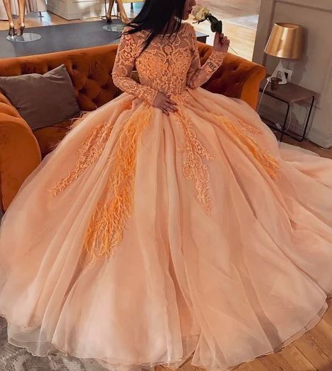Langarm Tüll Applikationen Ballkleid Quinceanera Ballkleider cg12983