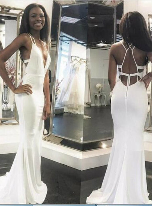 Weißes Meerjungfrau-Ballkleid, Ballkleider, Neckholder, ärmellos, cg12990