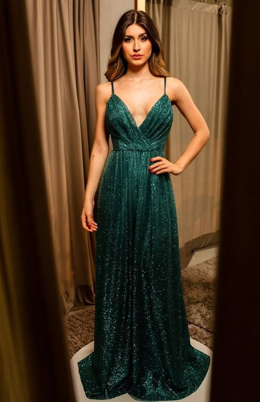 Elegantes Pailletten-Ballkleid, V-Ausschnitt, A-Linie, Abendkleid cg13001